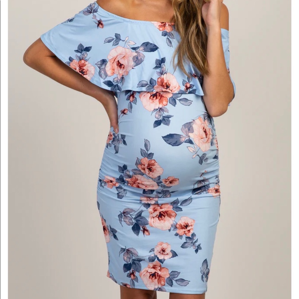 NWT Pinkblush maternity light blue rose print ruffle fitted dress size medium